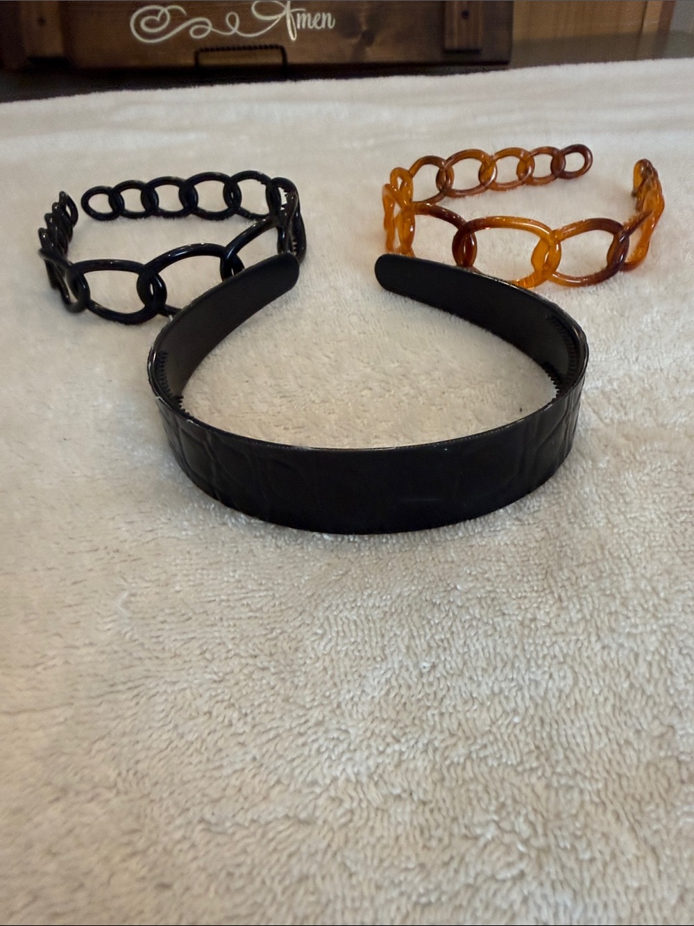 THREE Headbands — Black and Tortoise; Embossed Faux Leather